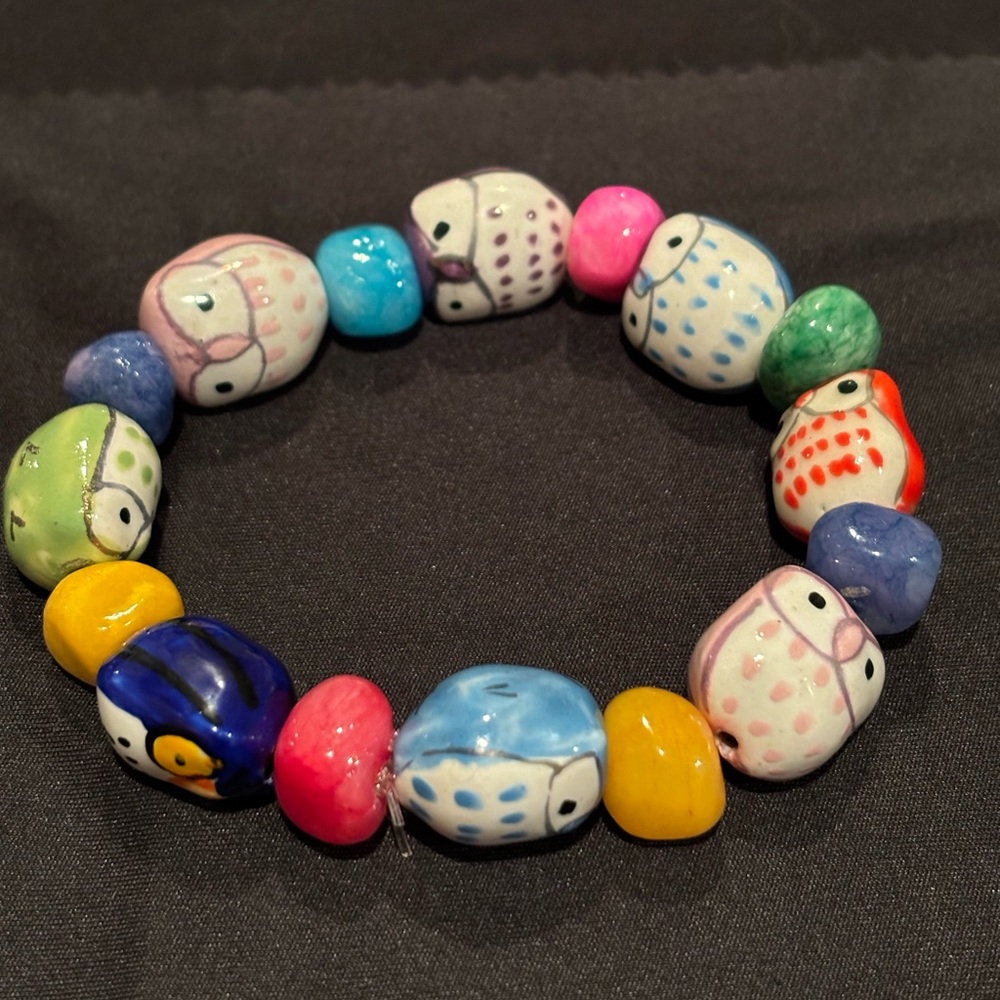 Handstrung Owl Bracelet Ceramic and Dyed Howlite Beads/NWOT